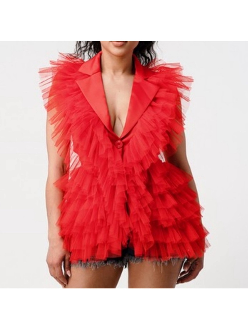 Red Ruffle Tulle V-Neck Tunic Vest SJ style Hot red Ruffle Top.
Size S